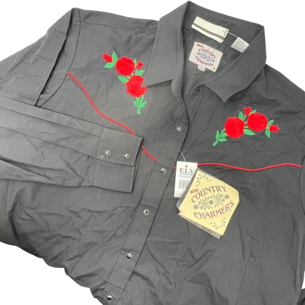 Ely Country Charmers Western Shirt XXL Women's Black Floral‎ Roses Long Sleeve